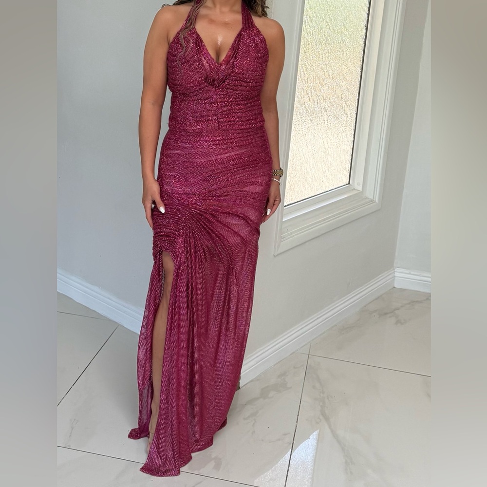 Elegant Halter Neck Dress in Deep Pink